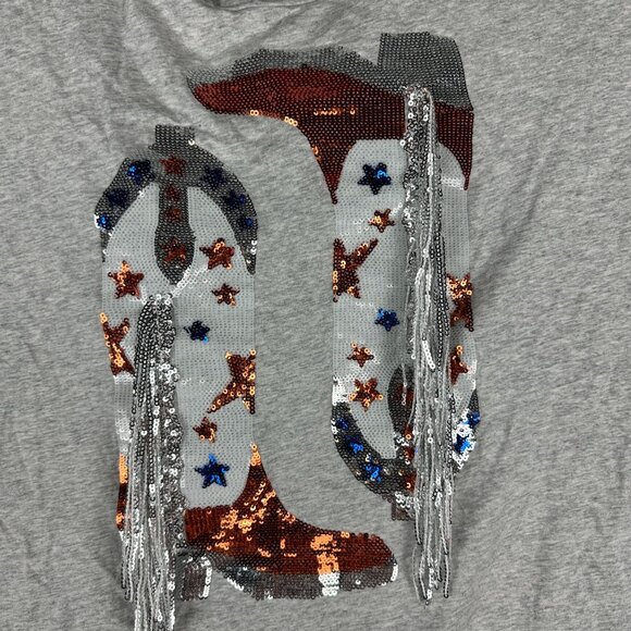 Blue b Collection Womens Heather Grey Tee Sequin Cowboy Boot Design & Fringe M - Picture 2 of 7